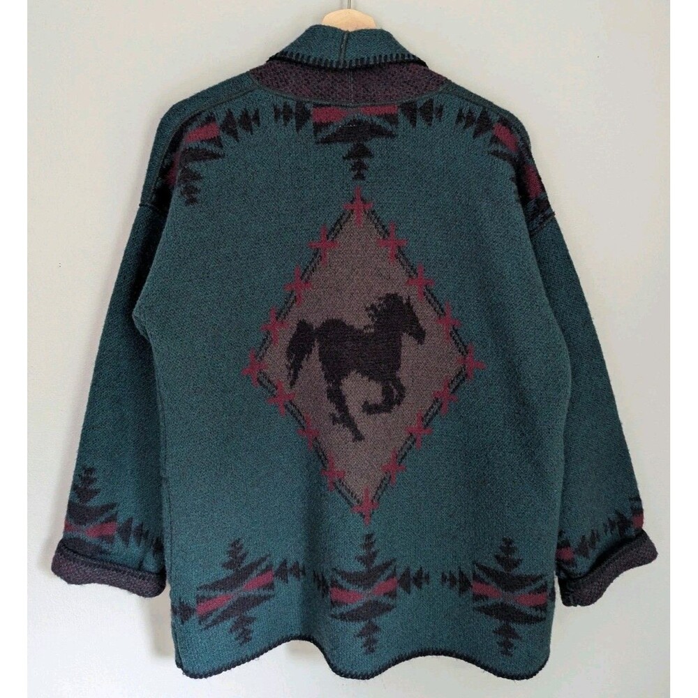 Vtg Coldwater Creek 100% Wool Horse Print Jacket Western Aztec Cowgirl USA M